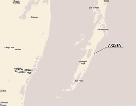 Map of Ambergris Caye noting Arista property 4 miles north